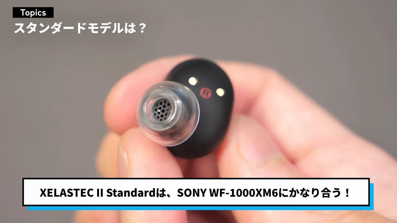 半透明イヤーピースを装着した黒いSonyイヤホン