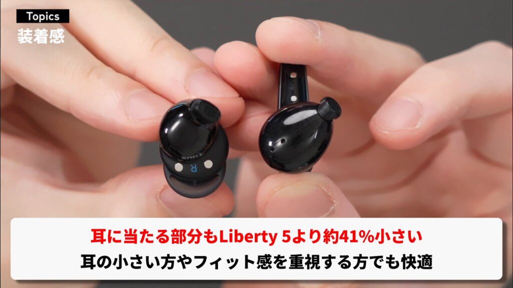 耳に当たる部分はLiberty 5より約41%小さい